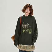 Girlyhalo美式 设计感慵懒上衣 复古贴布绣圆领针织毛衣女秋冬新款