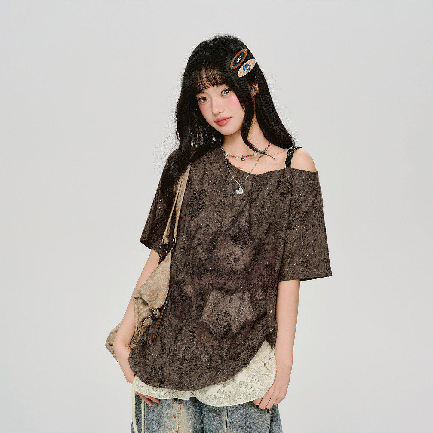 Girlyhalo美式复古辣妹斜肩破洞短袖t恤女夏季新款设计感宽松上衣