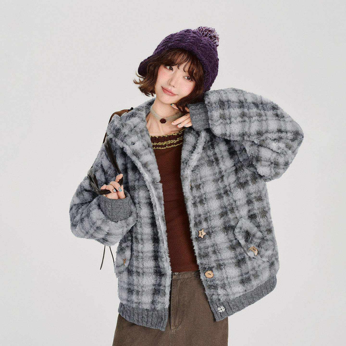 Girlyhalo美式复古格子毛绒连帽外套女冬季新款加厚保暖宽松上衣