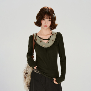 设计感修身 Girlyhalo美式 新款 恤女秋季 上衣 复古辣妹撞色v领长袖