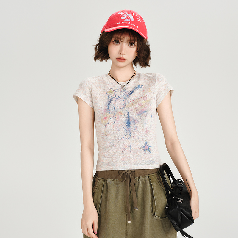 Girlyhalo美式复古印花正肩圆领短袖t恤女夏新款彩点修身显瘦上衣