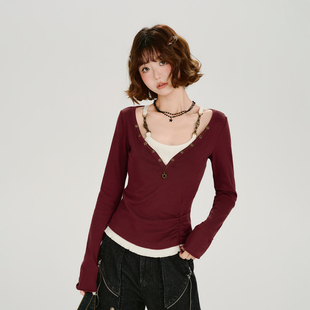 设计感修身 Girlyhalo美式 新款 t恤女春季 上衣 复古辣妹假两件长袖