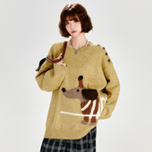 Girlyhalo美式 复古圆领针织毛衣女秋冬新款 童趣图案宽松别致上衣