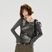 复古辣妹不规则拼接长袖 t恤女秋季 新款 Girlyhalo美式 修身 显瘦上衣