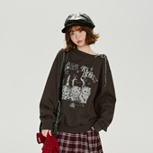 宽松显瘦上衣 新款 Giryhalo美式 复古印花斜肩绑带设计感卫衣女秋季