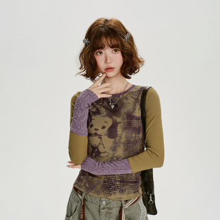 修身 Girlyhalo美式 新款 t恤女秋季 显瘦上衣 复古印花拼接圆领长袖