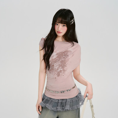 Girlyhalo美式复古辣妹印花无袖t恤女夏季新款扭结捏褶修身上衣