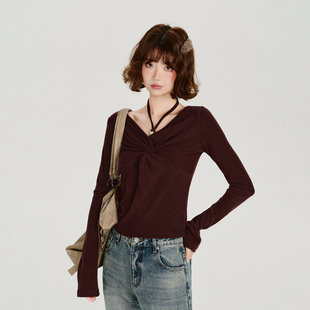 Girlyhalo美式复古辣妹扭结设计感长袖t恤女秋季新款修身显瘦上衣