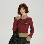 上衣 修身 Girlyhalo美式 复古撞色高领红色针织毛衣外套女秋冬新款