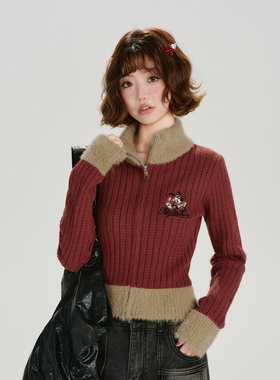 Girlyhalo美式复古撞色高领红色针织毛衣外套女秋冬新款修身上衣