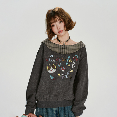 Girlyhalo美式复古刺绣撞格纹一字领长袖卫衣女秋季新款宽松上衣