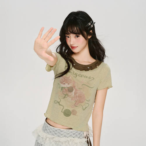 Girlyhalo美式复古圆领猫咪印花短袖t恤女夏新款修身显瘦正肩上衣