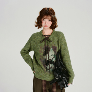 Girlyhalo美式 慵懒感宽松针织上衣 复古印花v领套头毛衣女秋冬新款