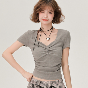 修身 Girlyhalo方领短袖 薄款 新款 褶皱遮肉显瘦百搭上衣 t恤女夏季