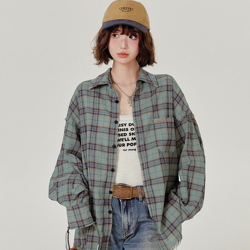 Girlyhalo美式复古绿格子衬衫外套女春秋新款宽松休闲格纹衬衫图片