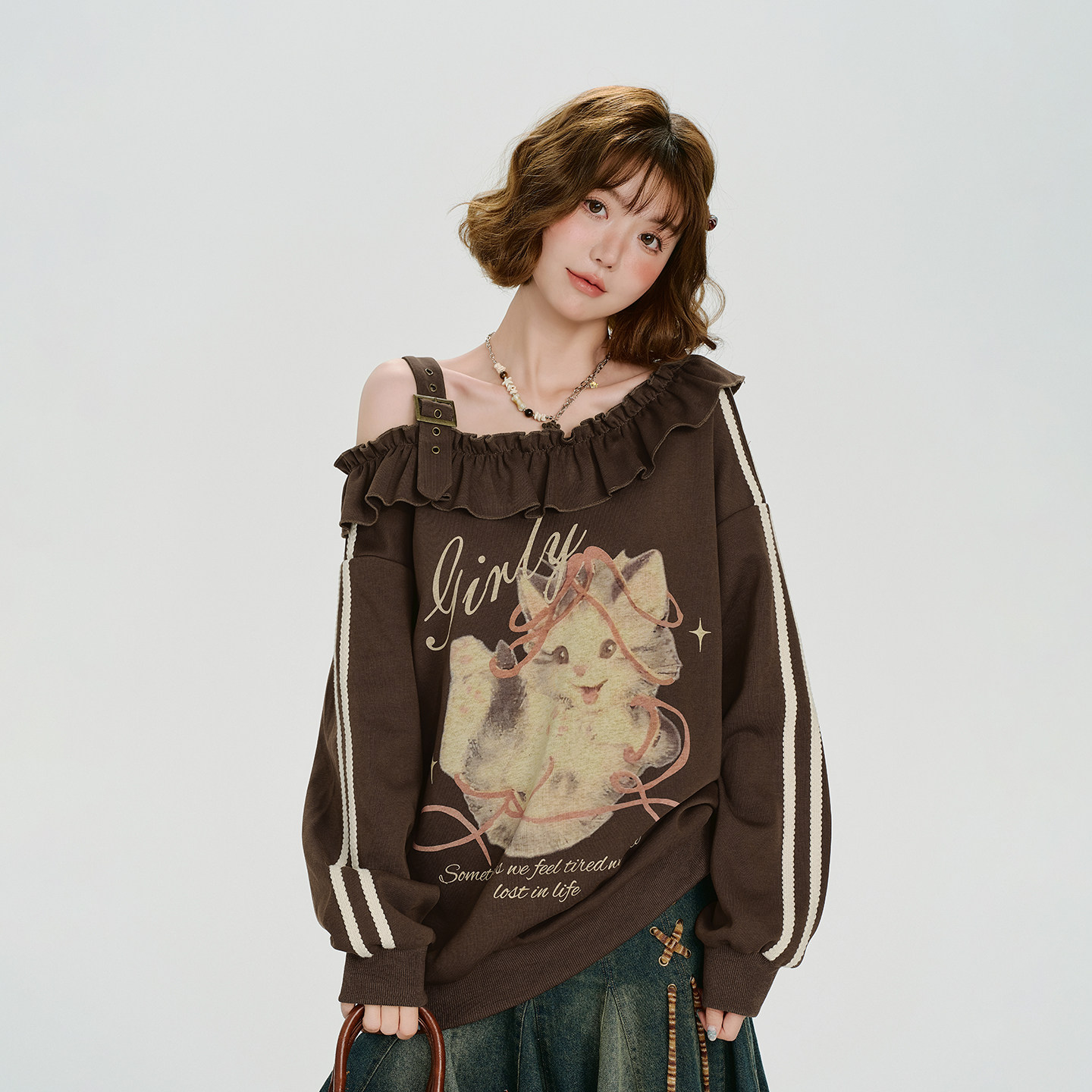 Girlyhalo美式复古荷叶边斜肩卫衣女秋季新款设计感甜酷宽松上衣