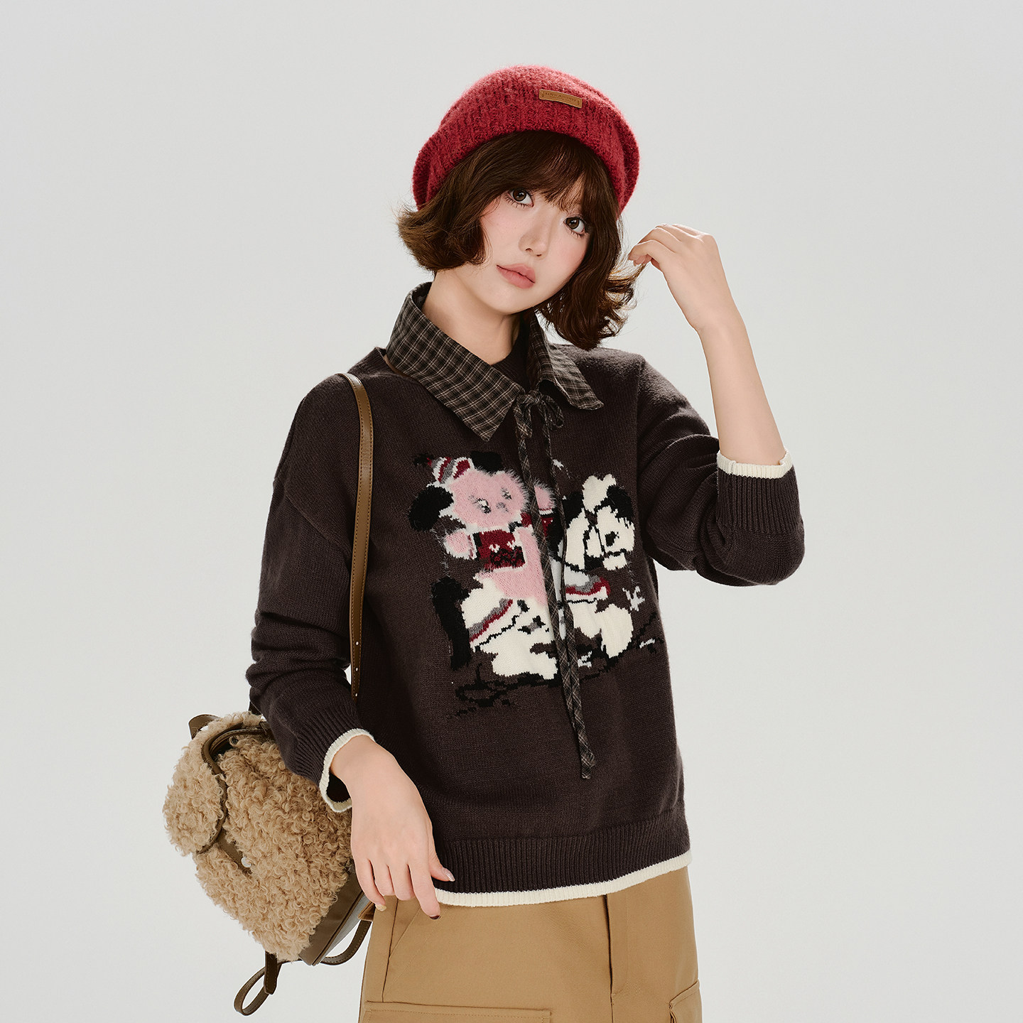 Girlyhalo美式复古提花圆领毛衣女秋季新款领子可拆软糯宽松上衣