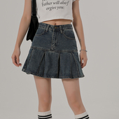 Girlyhalo复古高腰牛仔短裙女夏季 小个子a字百褶裙半身裙 2023新款