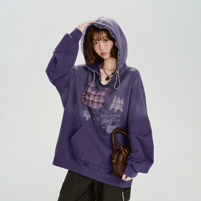 Girlyhalo美式复古刺绣水洗做旧连帽卫衣女秋季新款宽松休闲上衣