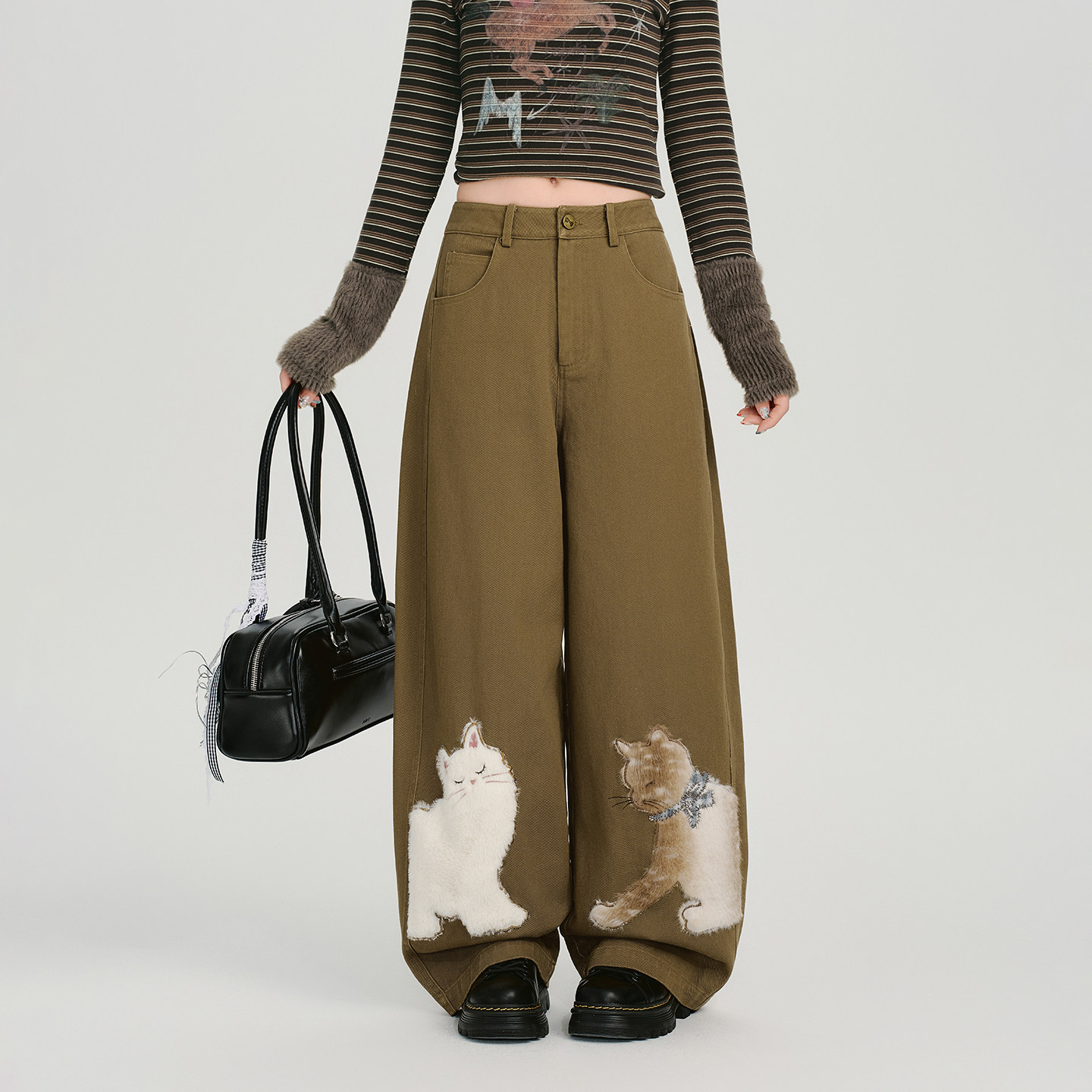 Girlyhalo美式复古毛绒刺绣阔腿休闲裤女秋冬新款设计感宽松长裤,女装/女士精品,休闲裤,淘宝优惠券,粉丝福利购,淘宝优惠卷