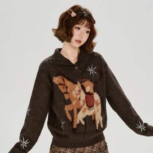 Girlyhalo美式 加厚软糯宽松上衣 复古提花翻领针织毛衣女秋冬新款