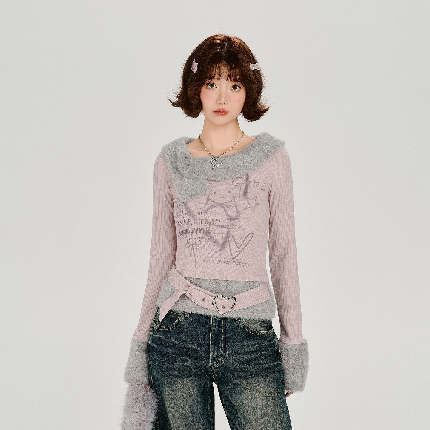 Girlyhalo美式复古印花毛绒拼接长袖t恤女秋冬新款设计感修身上衣,女装/女士精品,毛针织衫,淘宝优惠券,粉丝福利购,淘宝优惠卷