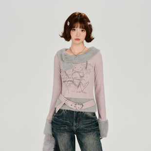 设计感修身 t恤女秋冬新款 上衣 复古印花毛绒拼接长袖 Girlyhalo美式