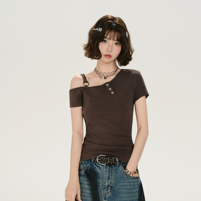 Girlyhalo美式复古辣妹斜肩设计感短袖t恤女夏季新款吊带修身上衣