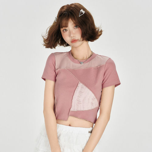 Girlyhalo美式复古撞色短袖t恤女夏季新款拼接分割设计感短款上衣
