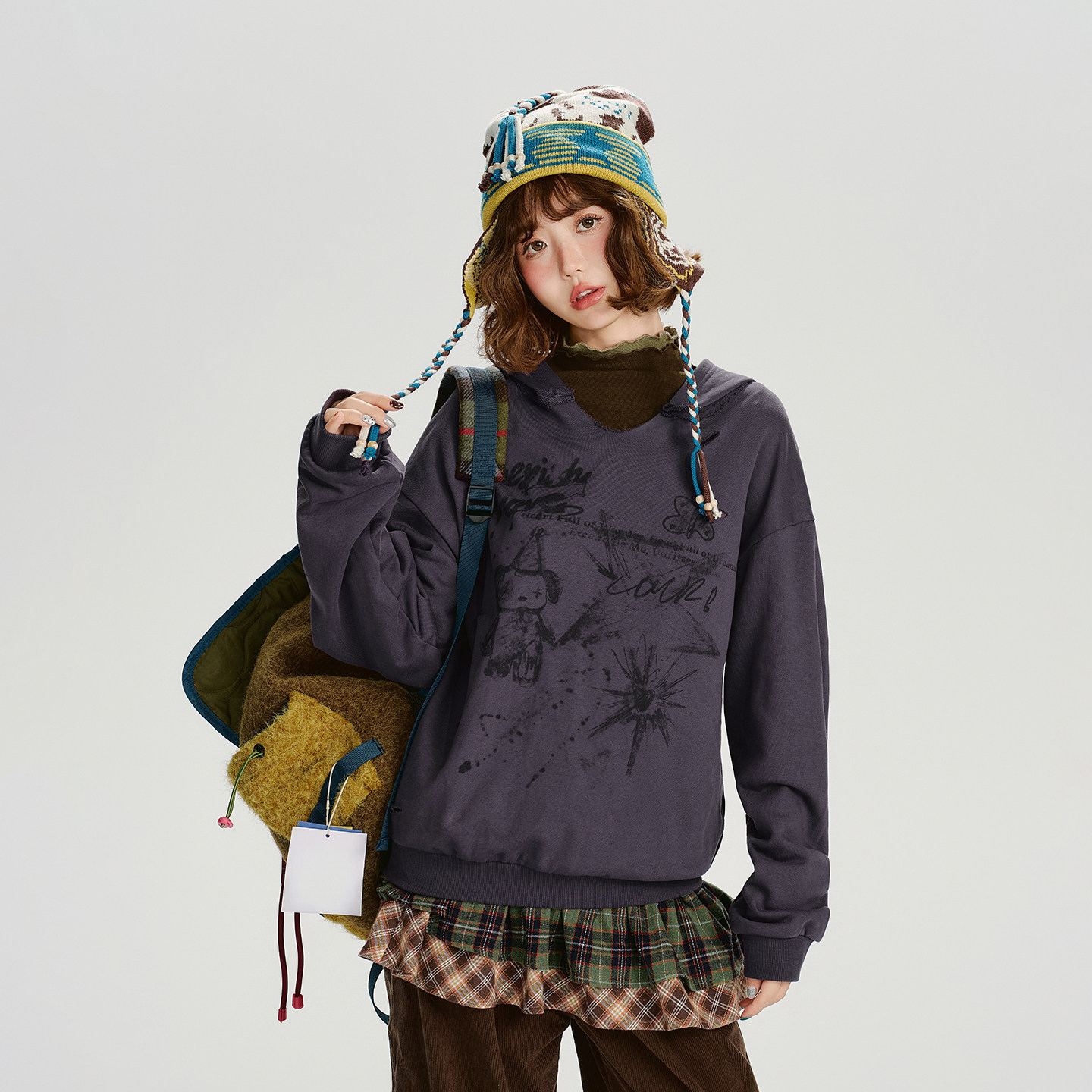 Girlyhalo美式复古印花连帽卫衣女秋季新款毛边设计感宽松上衣