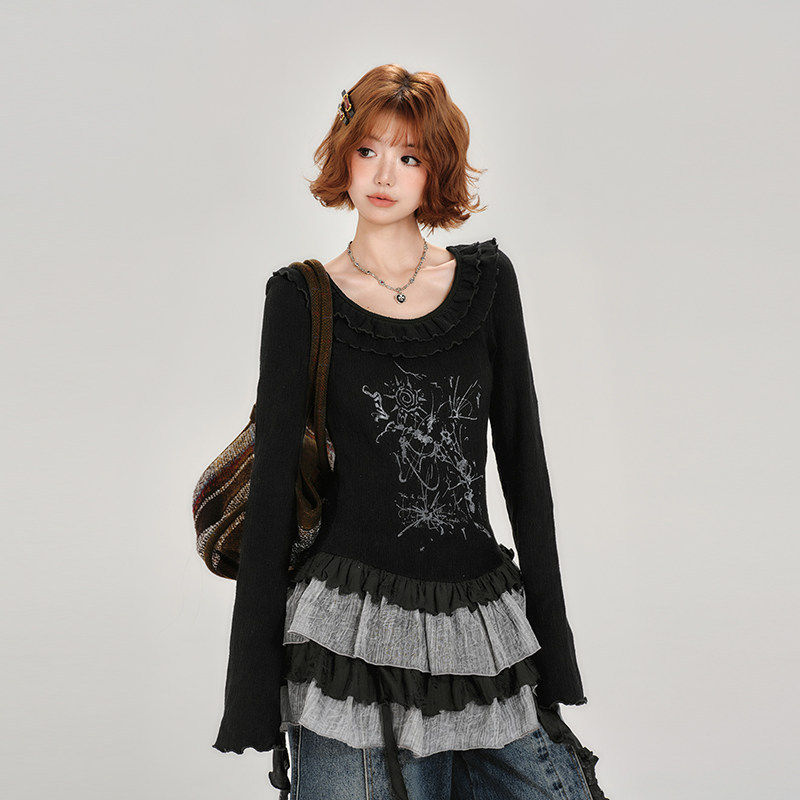 Girlyhalo美式复古辣妹长袖t恤女春秋新款荷叶边裙摆拼接修身上衣