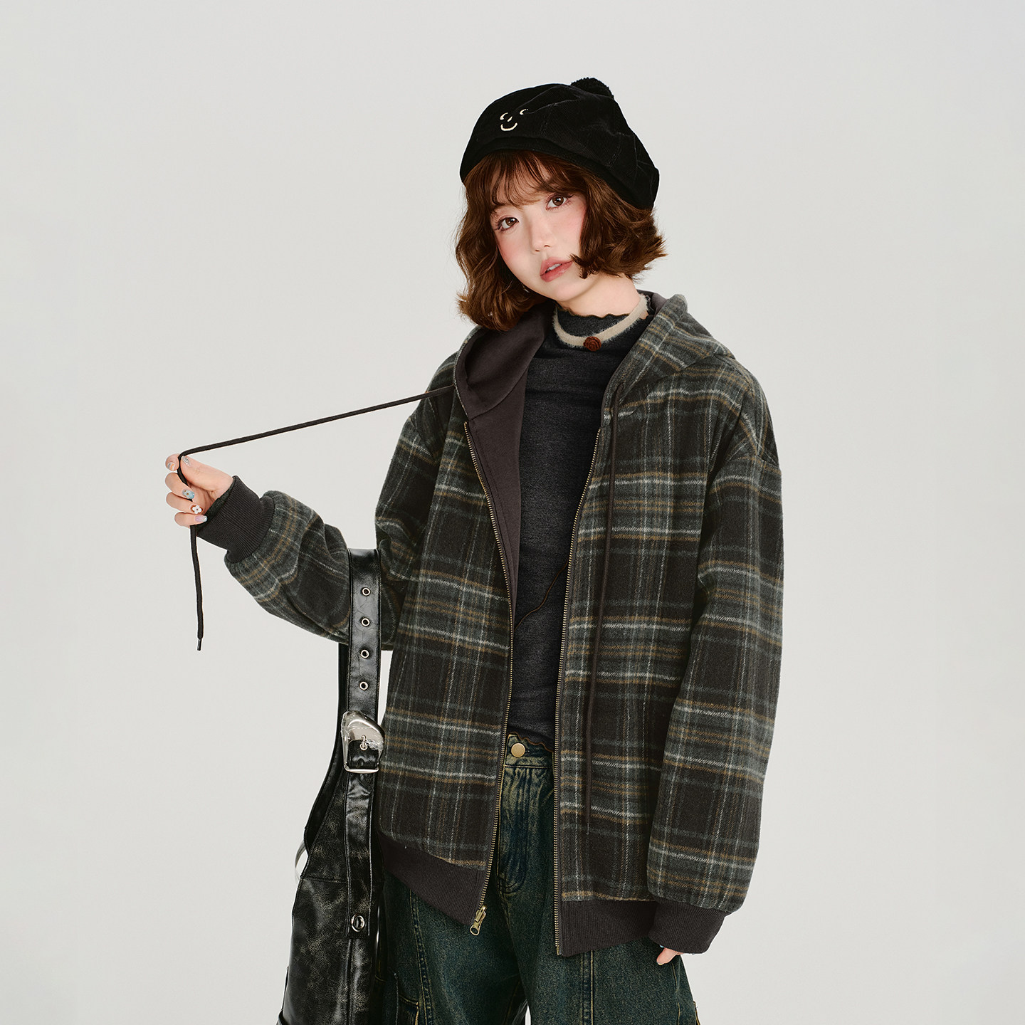 Girlyhalo美式复古格纹两面可穿外套女秋冬新款设计感宽松上衣