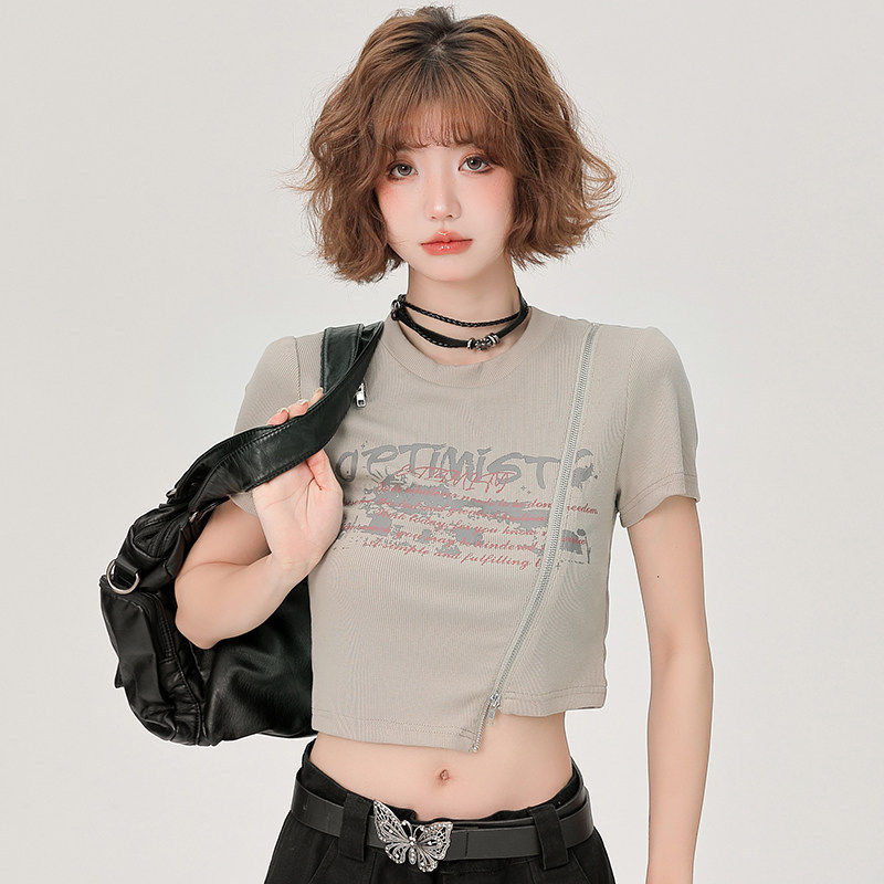 Girlyhalo美式复古短袖t恤女夏季新款拉链开衩设计感辣妹短款上衣图片