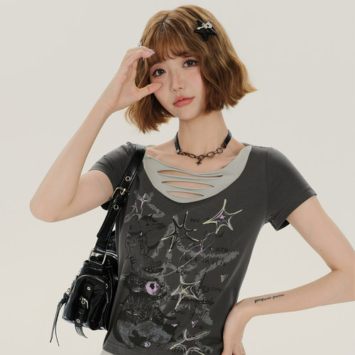 Girlyhalo美式复古涂鸦印花拼色破洞短袖t恤女夏季新款修身上衣