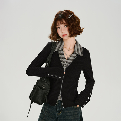 Girlyhalo美式复古辣妹假两件长袖开衫女春秋新款设计感修身上衣