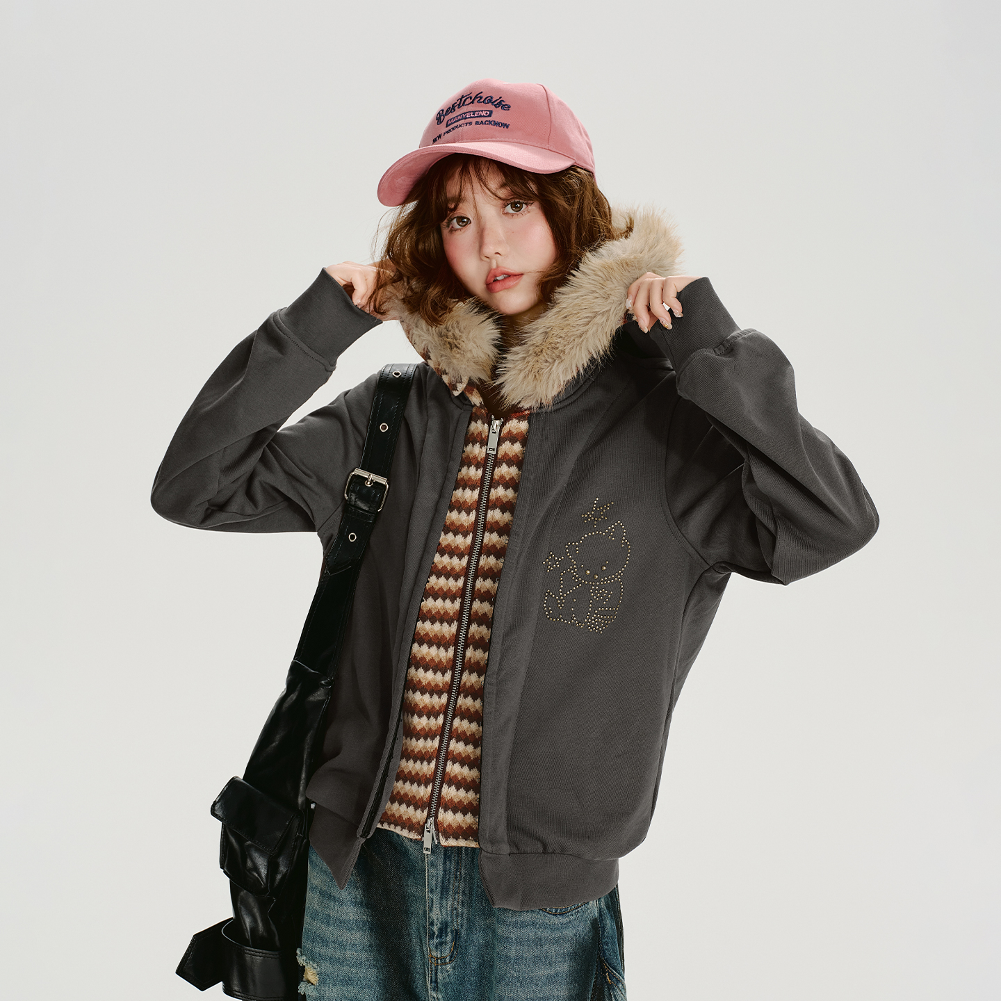 Girlyhalo美式复古条纹拼接毛领卫衣外套女秋季新款设计感上衣