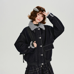 Girlyhalo美式复古翻领工装牛仔外套女冬季新款设计感宽松棉服
