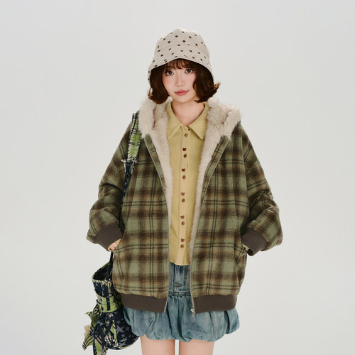 Girlyhalo美式复古连帽格子毛呢外套女冬季新款加绒保暖宽松上衣