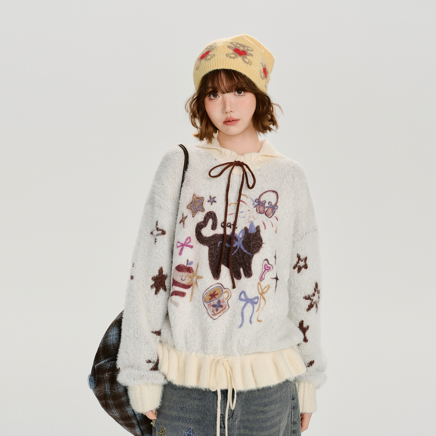 Girlyhalo美式复古卡通提花拼色连帽毛衣女秋冬款设计感宽松上衣