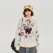 Girlyhalo美式 设计感软糯宽松上衣 复古卡通提花拼色毛衣女秋冬款