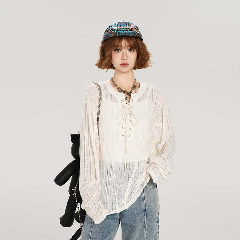 Girlyhalo美式复古系带镂空防晒罩衫女夏季新款休闲宽松显瘦上衣