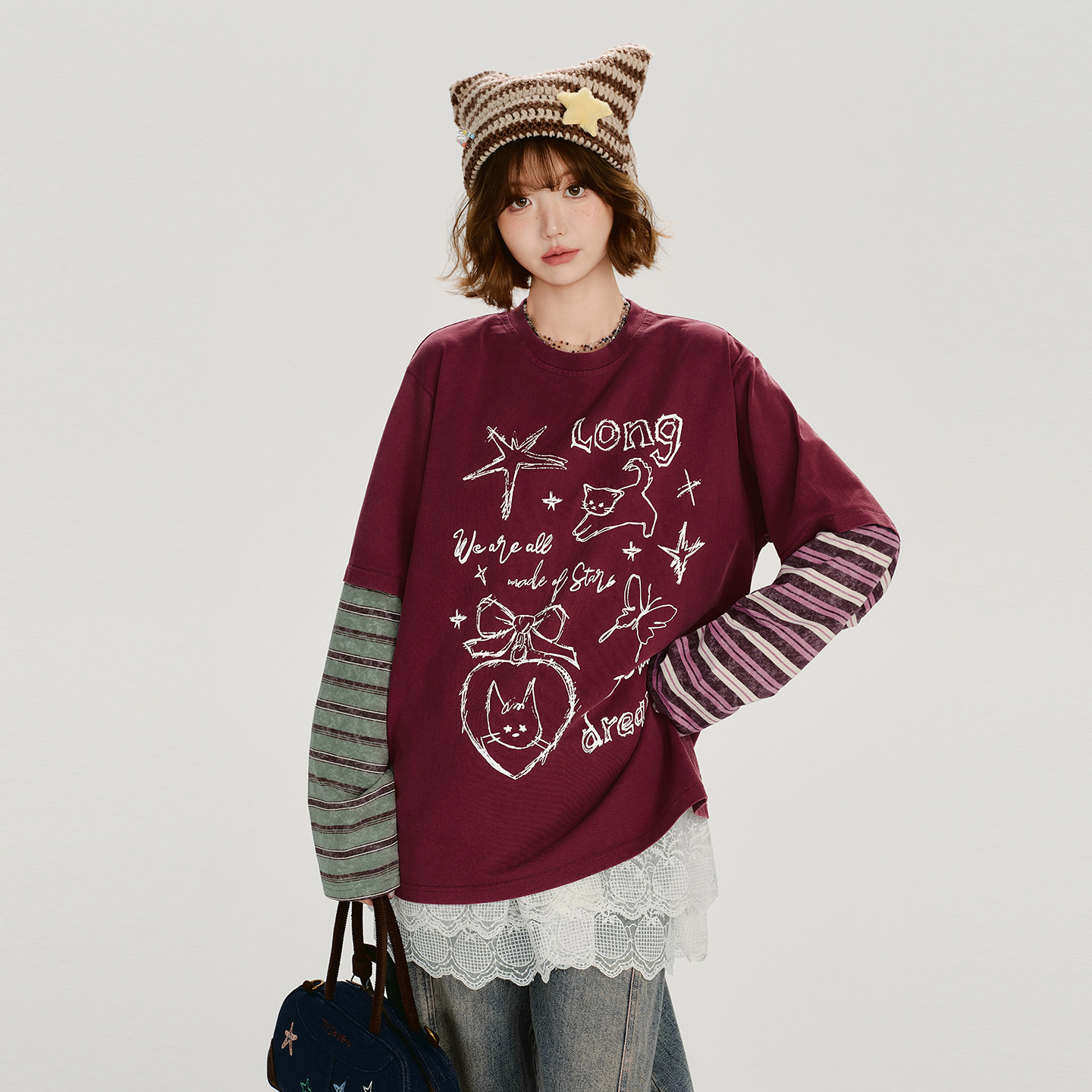 Girlyhalo美式复古印花假两件长袖t恤女秋季新款设计感宽松上衣,女装/女士精品,T恤,淘宝优惠券,粉丝福利购,淘宝优惠卷