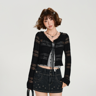 新款 小外套女秋季 叠穿上衣 复古蕾丝花边辣妹开衫 Girlyhalo美式