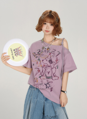 Girlyhalo美式复古露肩短袖t恤女夏季涂鸦印花绑带设计感宽松上衣