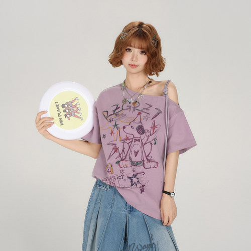 Girlyhalo美式复古露肩短袖t恤女夏季涂鸦印花绑带设计感宽松上衣