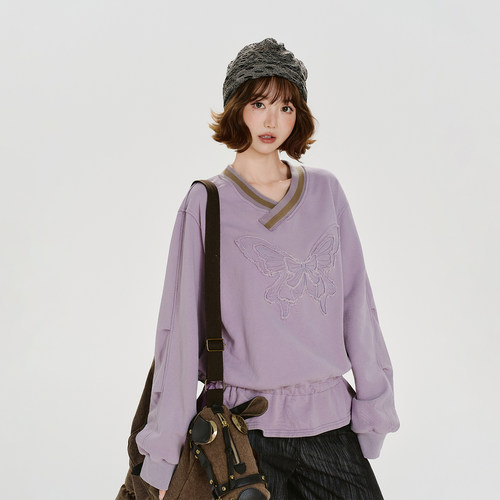 Girlyhalo美式复古刺绣v领设计感长袖卫衣女秋季新款捏褶宽松上衣