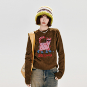 卡通长腿猫套头针织衫 短款 复古圆领毛衣女秋冬新款 Girlyhalo美式