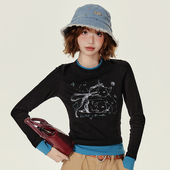 复古正肩圆领长袖 t恤女秋季 撞色修身 Girlyhalo美式 显瘦短款 上衣