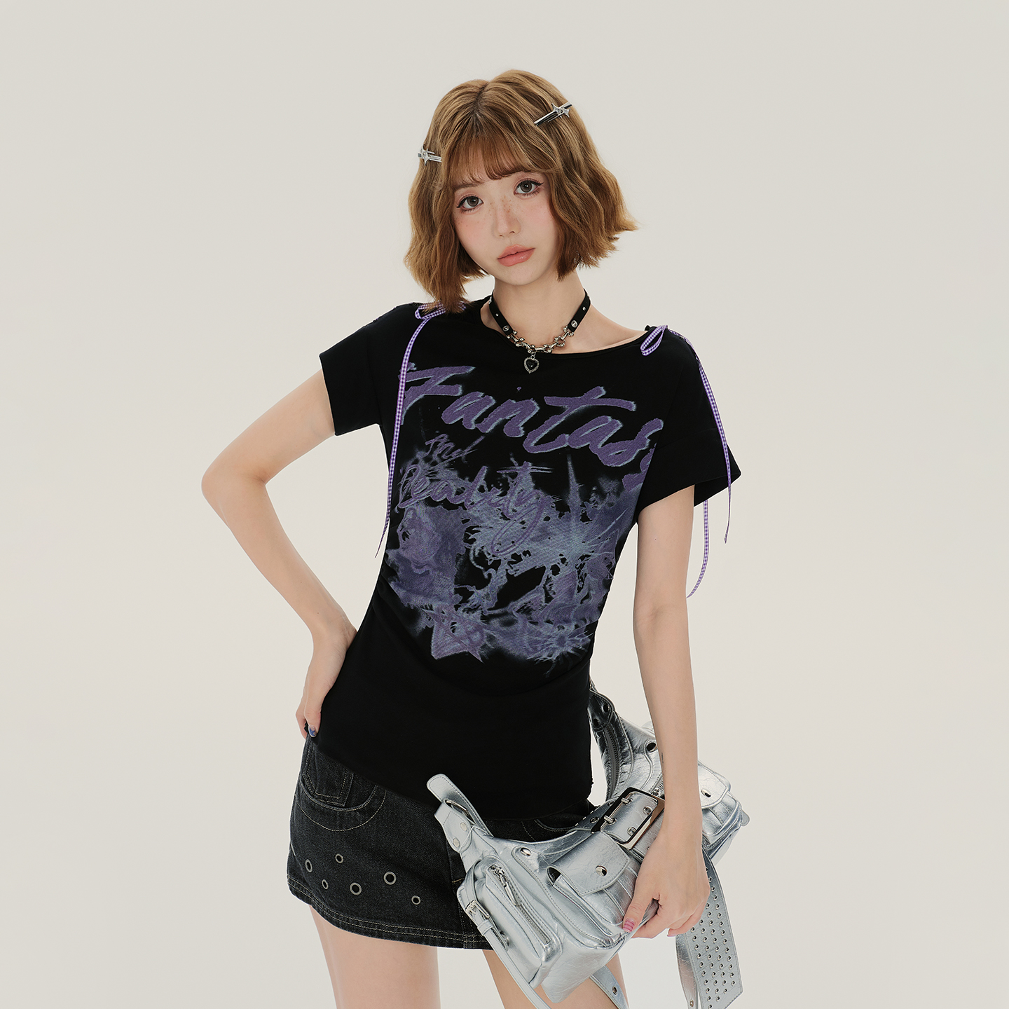 Girlyhalo美式复古辣妹立体印花短袖t恤女夏季新款绑带设计上衣