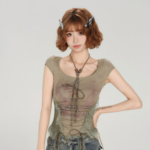 Girlyhalo美式辣妹重工蕾丝拼接短袖t恤女夏季设计感修身显瘦上衣